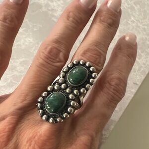 Free People Silver Ring with Dual Green Stones